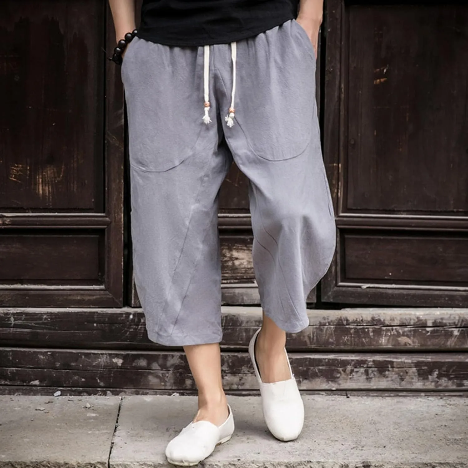 Mens Casual Linen Pants Below Knee Relaxed Fit Wide Leg Baggy Trousers Elastic Waistband Capri Comfy Gym Pants