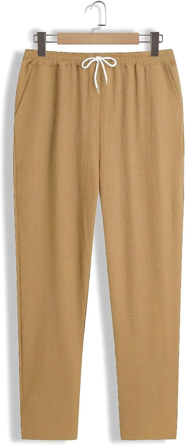 Mens Casual Pants Relaxed Fit Wide Leg Trousers High-Rise Summer Elastic Waist Drawstring Casual Flat Front Pants