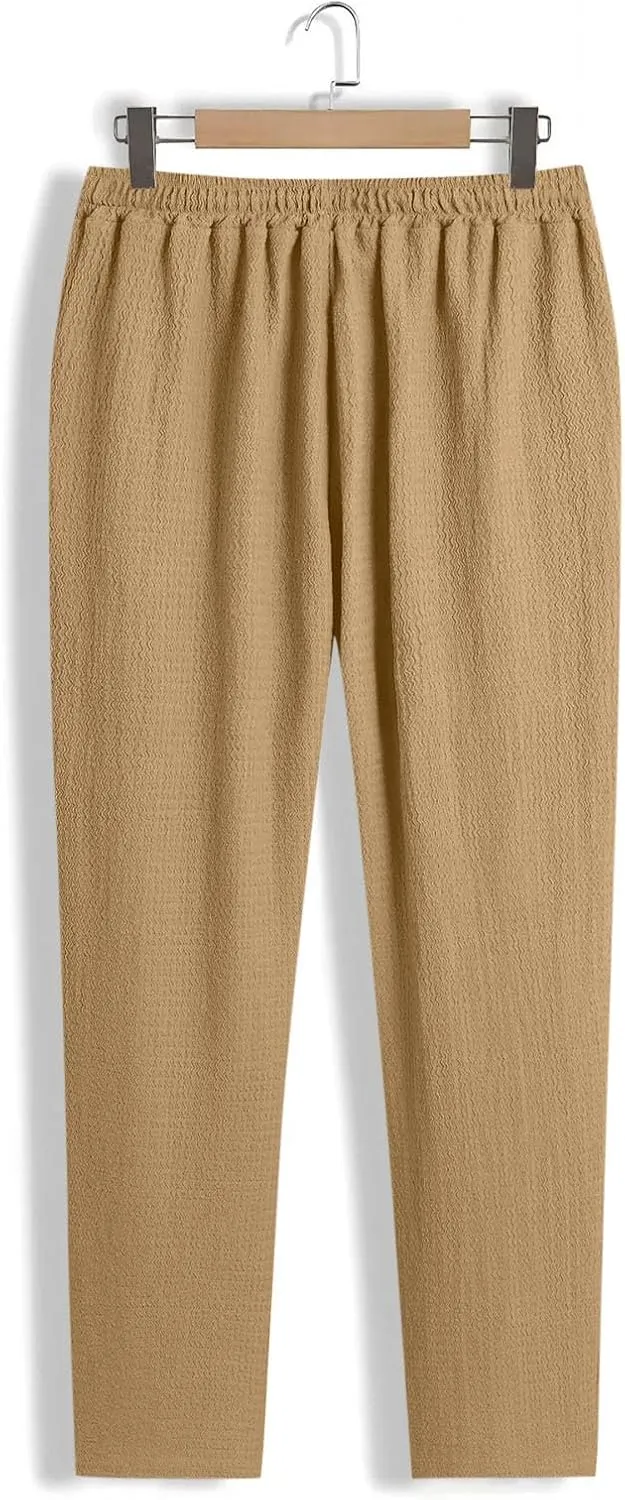 Mens Casual Pants Relaxed Fit Wide Leg Trousers High-Rise Summer Elastic Waist Drawstring Casual Flat Front Pants