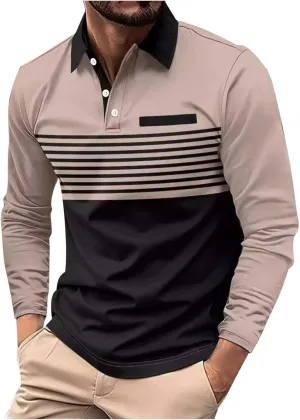 Mens Color Block Polo Shirts Long Sleeve Button Down T Shirts Comfy Slim Fit Golf Shirts 2025 Summer Shirts Trendy