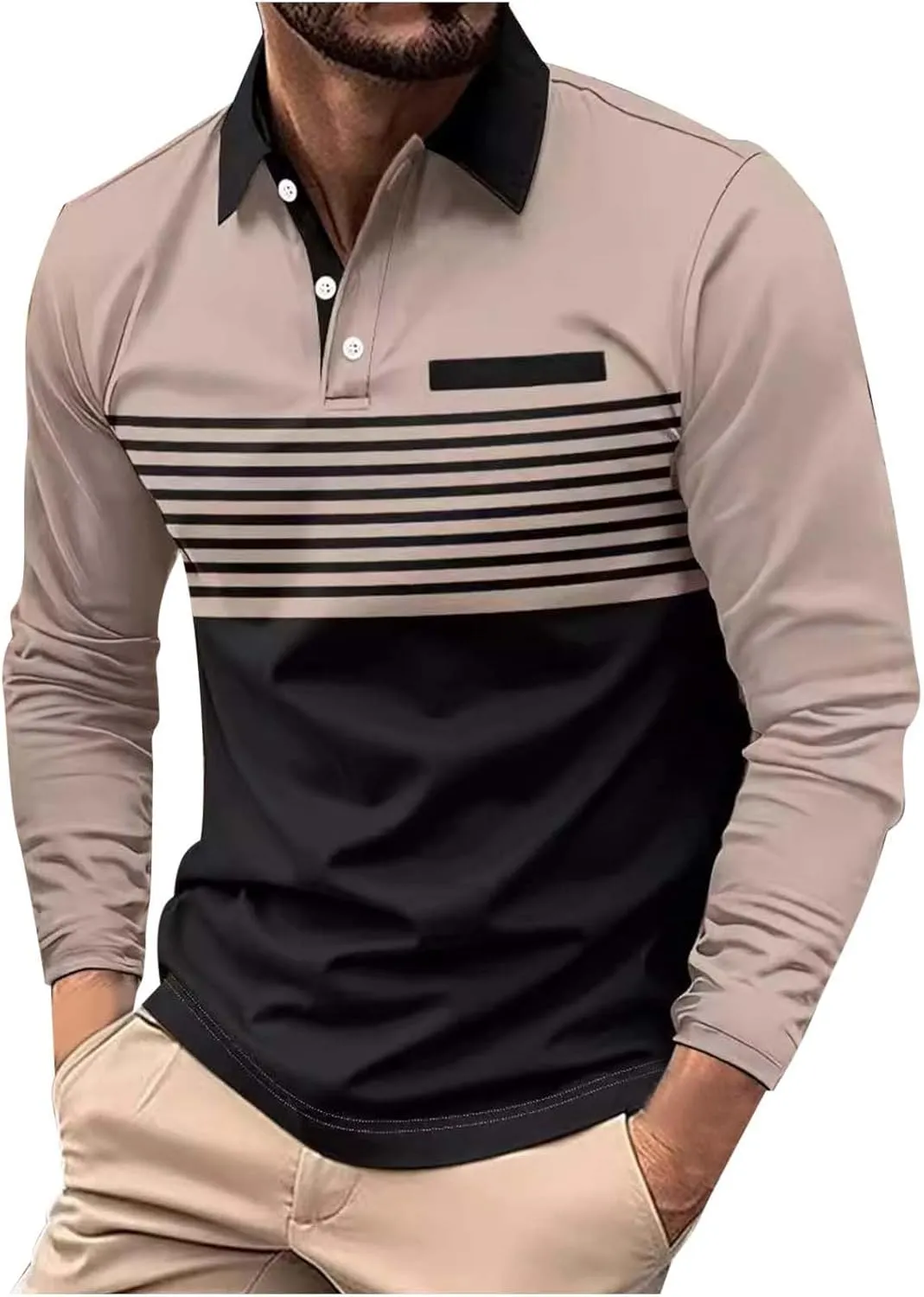 Mens Color Block Polo Shirts Long Sleeve Button Down T Shirts Comfy Slim Fit Golf Shirts 2025 Summer Shirts Trendy