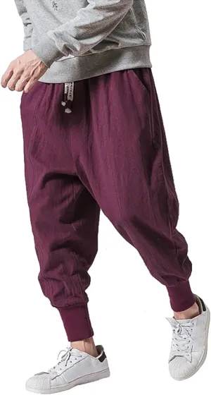 Mens Cotton Linen Harem Pants Lightweight Drop Crotch Drawstring Elastic Waist Joggers Casual Hippie Trousers Pockets