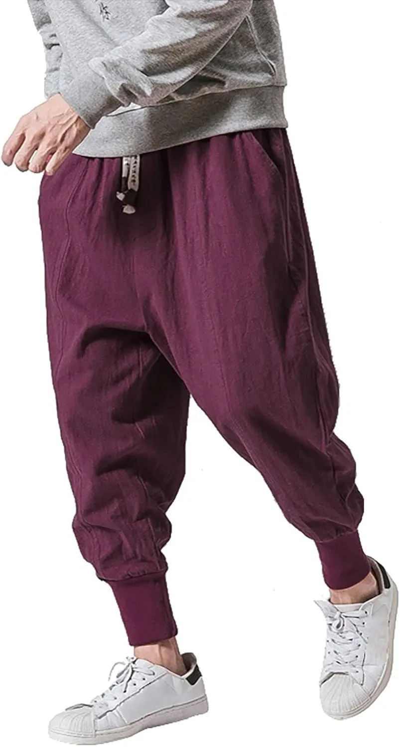 Mens Cotton Linen Harem Pants Lightweight Drop Crotch Drawstring Elastic Waist Joggers Casual Hippie Trousers Pockets