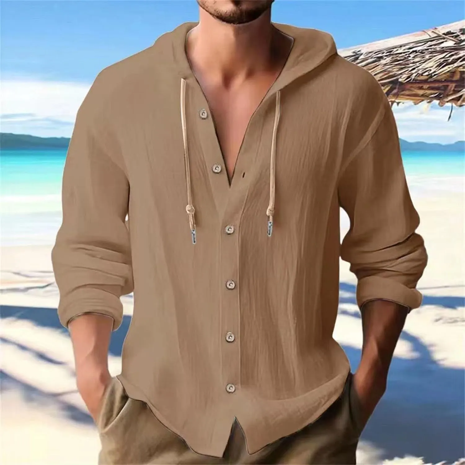 Mens Cotton Linen Shirts Casual Button Down Shirts Long Sleeve Roll-Up Sleeve Summer Shirts with Hood Hawaiian Shirts
