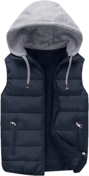 Men's Fall Winter Vests Outerwear Removable Hooded Padded Puffer Vest Casual Sleeveless Jacket with Zip Pockets