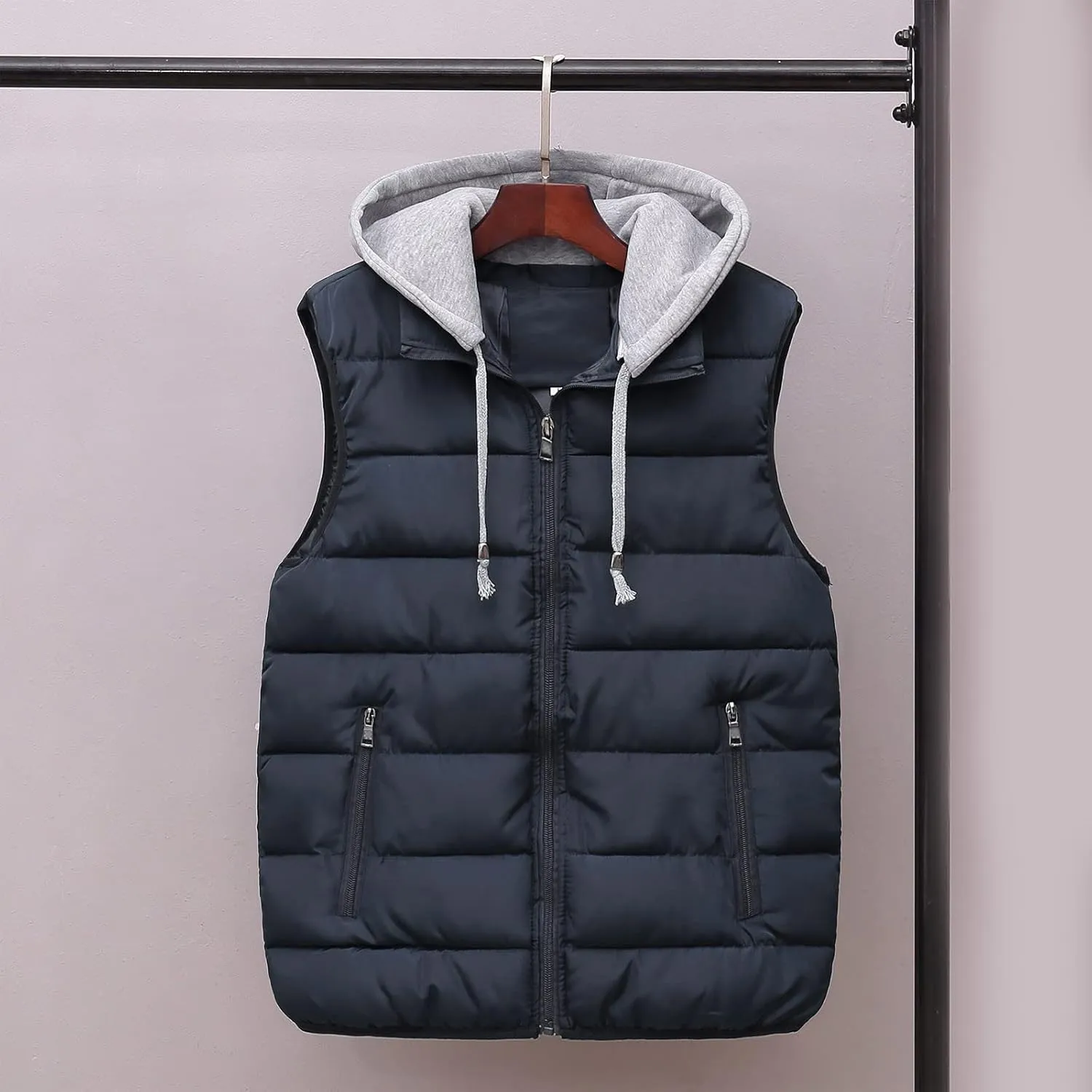 Men's Fall Winter Vests Outerwear Removable Hooded Padded Puffer Vest Casual Sleeveless Jacket with Zip Pockets