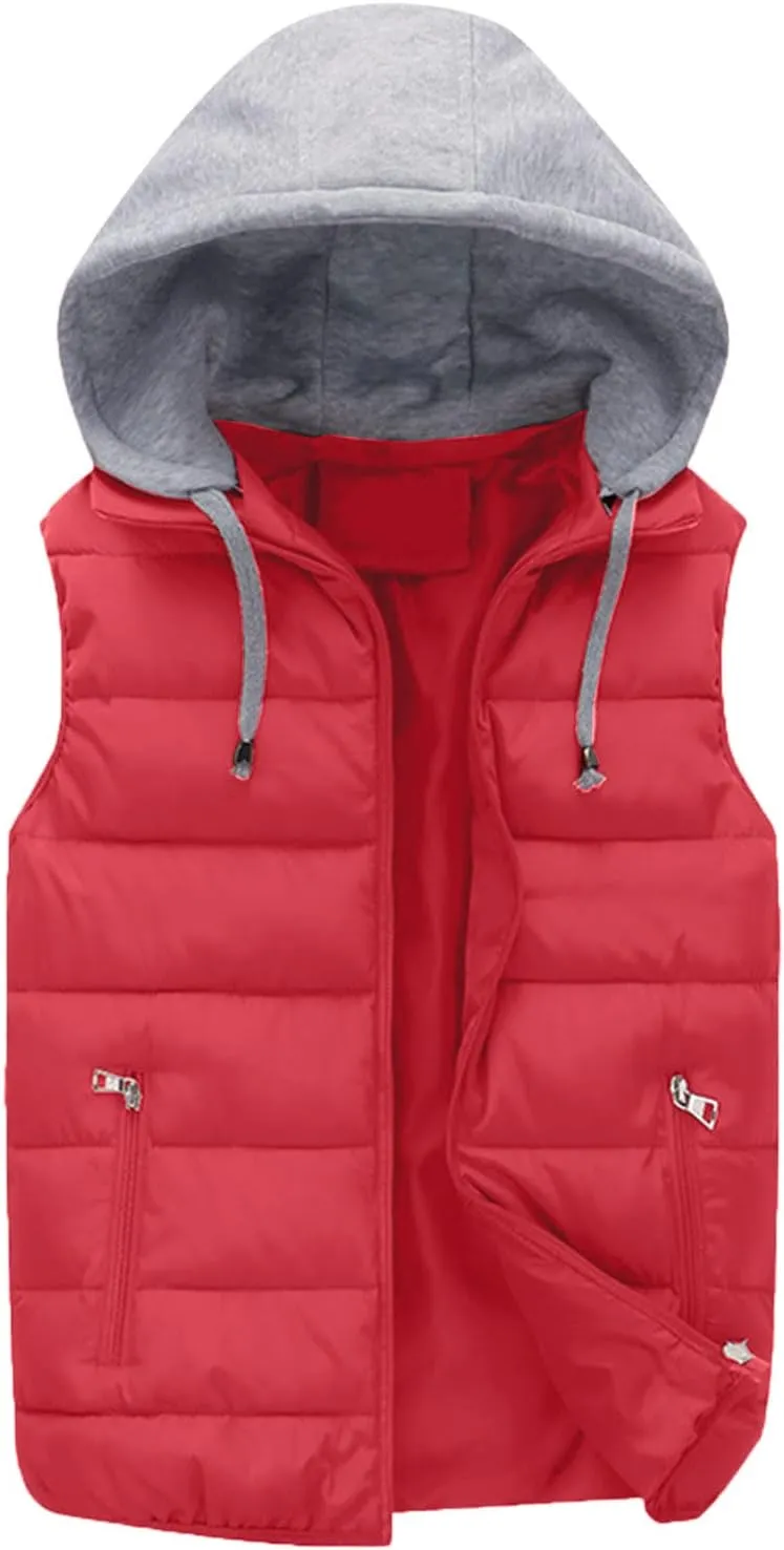 Men's Fall Winter Vests Outerwear Removable Hooded Padded Puffer Vest Casual Sleeveless Jacket with Zip Pockets