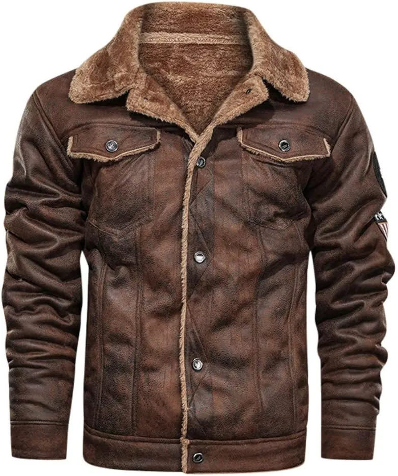 Mens Faux Shearling Rancher Bomber Jacket Sheepskin Leather Warm Duffle Trench Coat Warm Wool Lined Mountain Faux Jackets