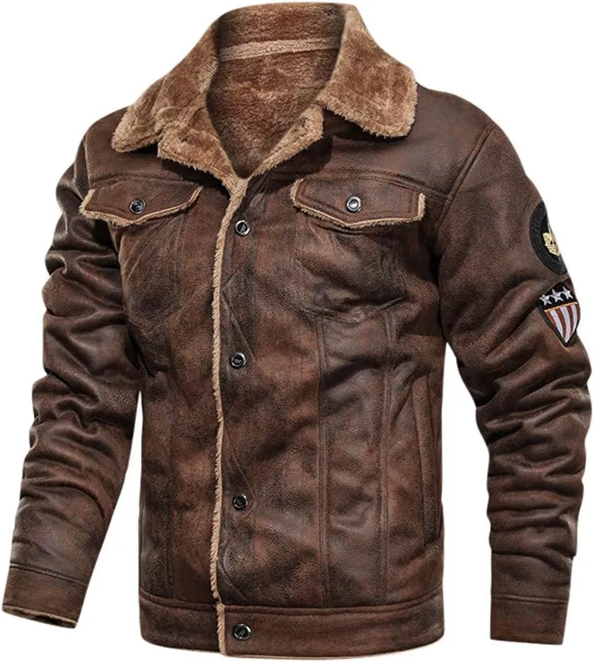 Mens Faux Shearling Rancher Bomber Jacket Sheepskin Leather Warm Duffle Trench Coat Warm Wool Lined Mountain Faux Jackets