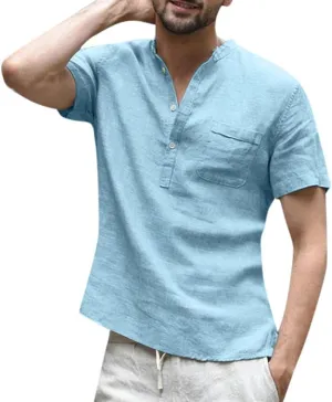 Mens Hippie Linen T-shirt Short Sleeve Vintage V Neck Cotton Plain Shirts Summer Baggy Yoga Tops Big and Tall Light Blue