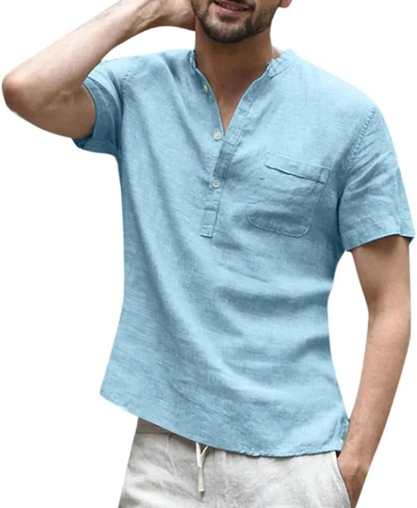 Mens Hippie Linen T-shirt Short Sleeve Vintage V Neck Cotton Plain Shirts Summer Baggy Yoga Tops Big and Tall Light Blue