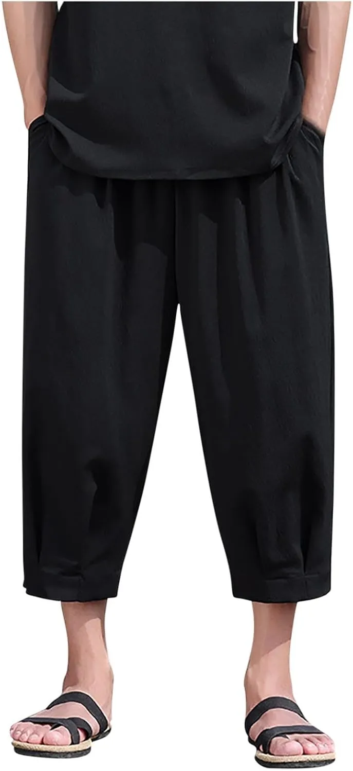 Mens Linen Cropped Trousers Hippie Harem Pants 3/4 Length Pants Elasticated Waist Trouser Shorts Baggy Beach Pants