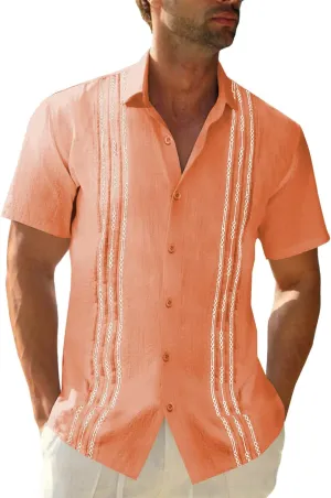 Mens Linen Guayabera Shirts Short Sleeve Beach Shirts
