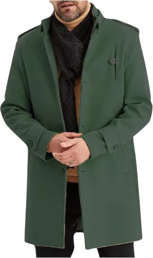 Mens Mid Long Trench Coat Winter Buttons Peacoats Casual Business Warm Woolen Overcoat Stand Collar Windproof Jacket