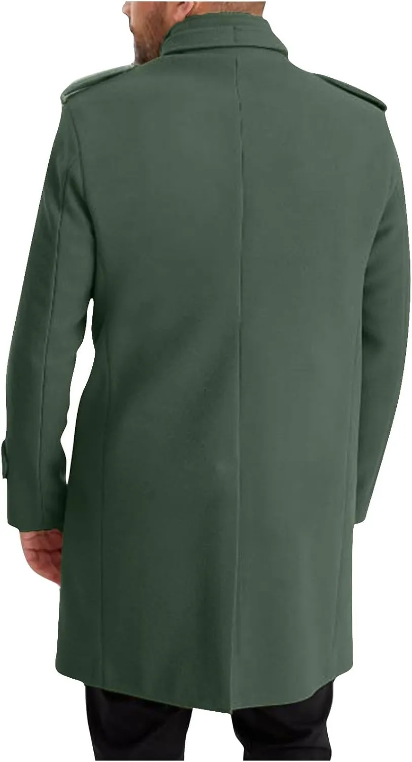 Mens Mid Long Trench Coat Winter Buttons Peacoats Casual Business Warm Woolen Overcoat Stand Collar Windproof Jacket