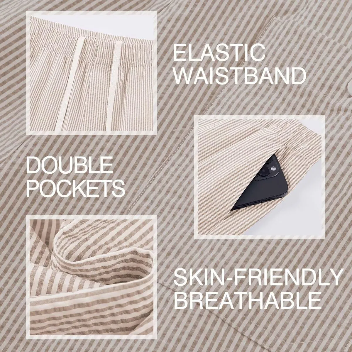 Mens Seersucker Shorts Casual Elastic Waist Drawstring Shorts Stretch Summer Beach Vacation Shorts with Pockets