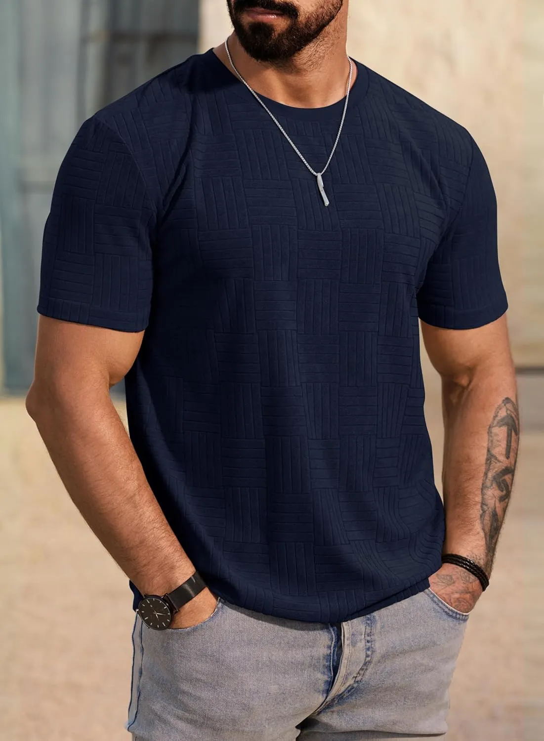 Mens Textured Shirts Casual Stretch T-Shirts Summer Crewneck Short Sleeve Tee Shirts (S-XXL)