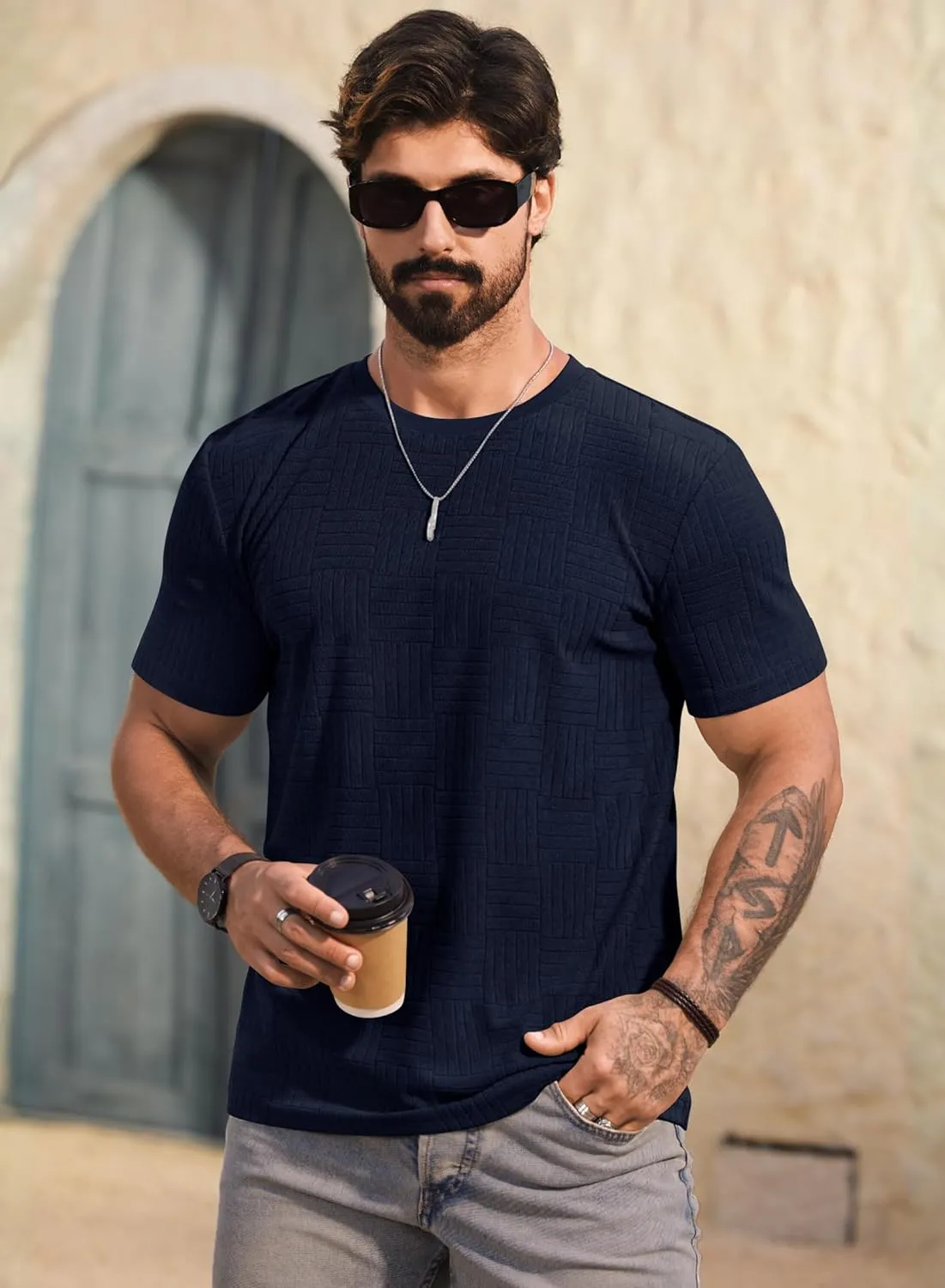 Mens Textured Shirts Casual Stretch T-Shirts Summer Crewneck Short Sleeve Tee Shirts (S-XXL)