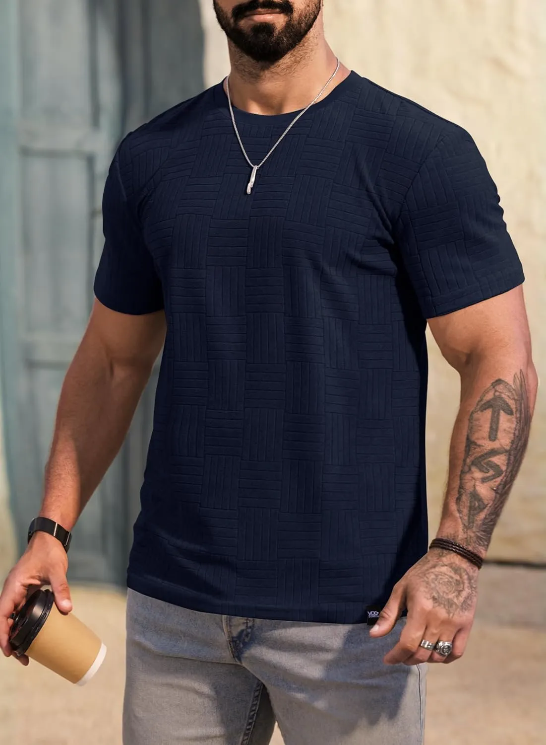 Mens Textured Shirts Casual Stretch T-Shirts Summer Crewneck Short Sleeve Tee Shirts (S-XXL)