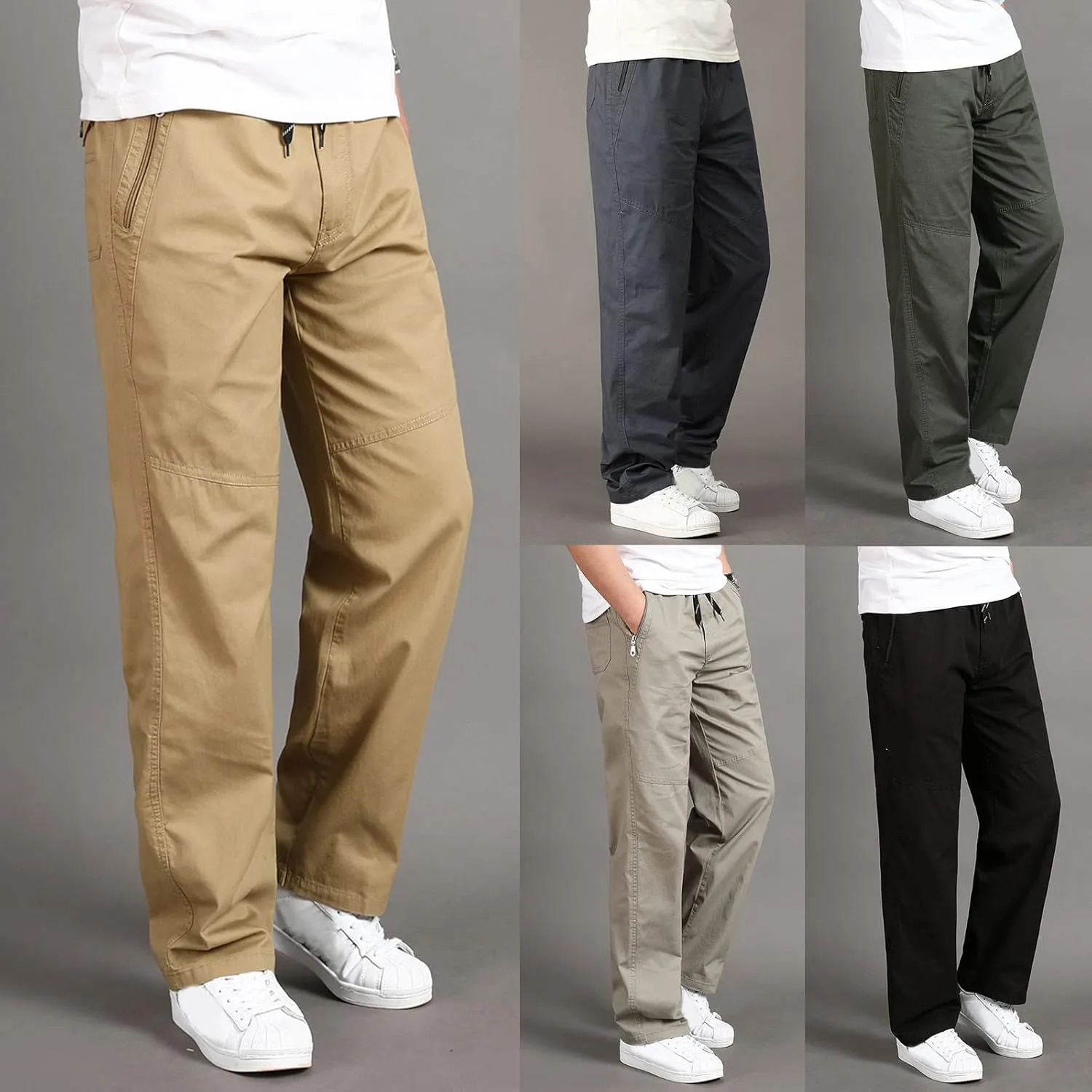 Mens Workout Cargo Sweatpants Men Relaxed Fit Casual Slim Beach Work Streetwear Khaki Baggy Pants with Zipper Pockets