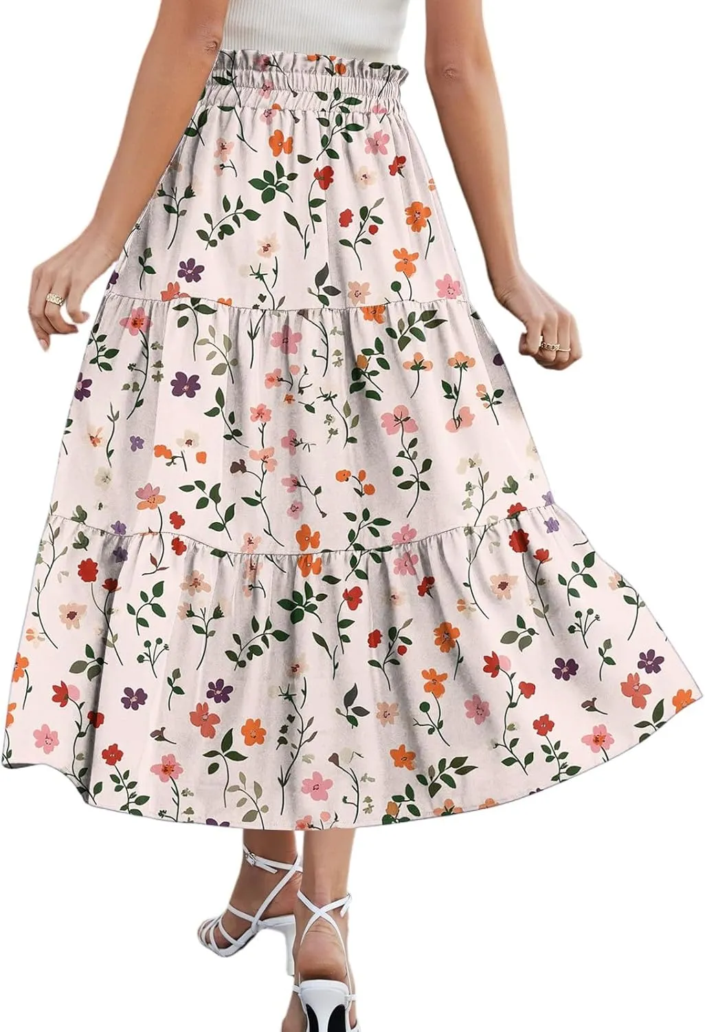 Midi Skirts for Women 2025 High Elastic Waisted Tiered Ruffle Skirt Flowy Boho Floral Skirts A Line Skorts with Pockets