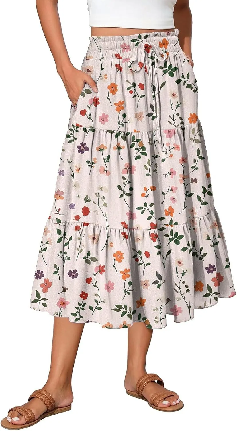 Midi Skirts for Women 2025 High Elastic Waisted Tiered Ruffle Skirt Flowy Boho Floral Skirts A Line Skorts with Pockets