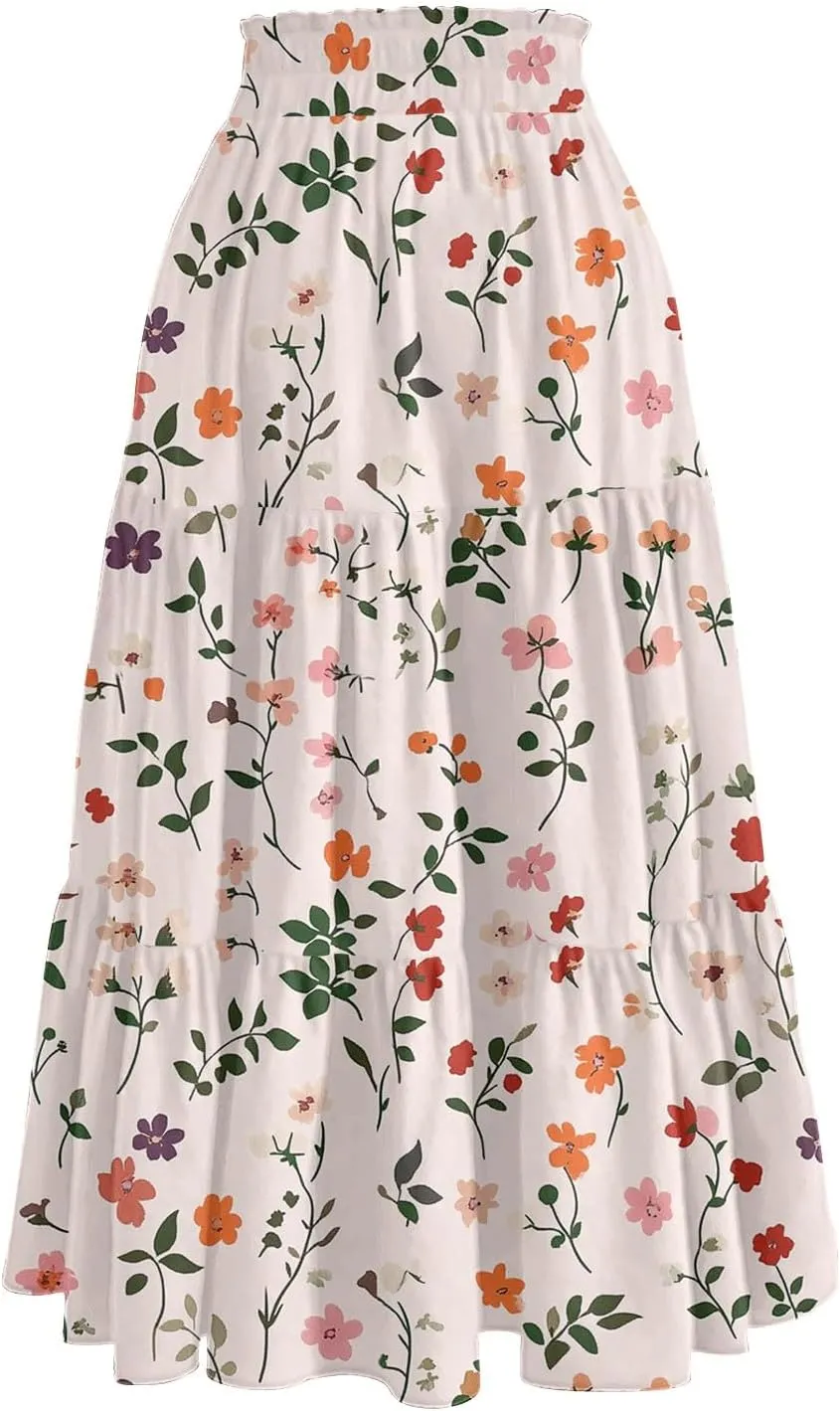 Midi Skirts for Women 2025 High Elastic Waisted Tiered Ruffle Skirt Flowy Boho Floral Skirts A Line Skorts with Pockets