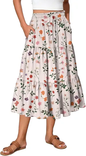 Midi Skirts for Women 2025 High Elastic Waisted Tiered Ruffle Skirt Flowy Boho Floral Skirts A Line Skorts with Pockets