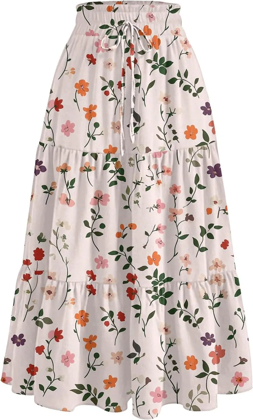 Midi Skirts for Women 2025 High Elastic Waisted Tiered Ruffle Skirt Flowy Boho Floral Skirts A Line Skorts with Pockets