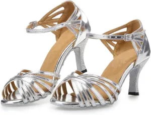 Misu Women's Peep Toe Sandals Latin Salsa Tango Practice Ballroom Dance Shoes with 2.75" Heel,Silver Patent Leather,6 B(M) US