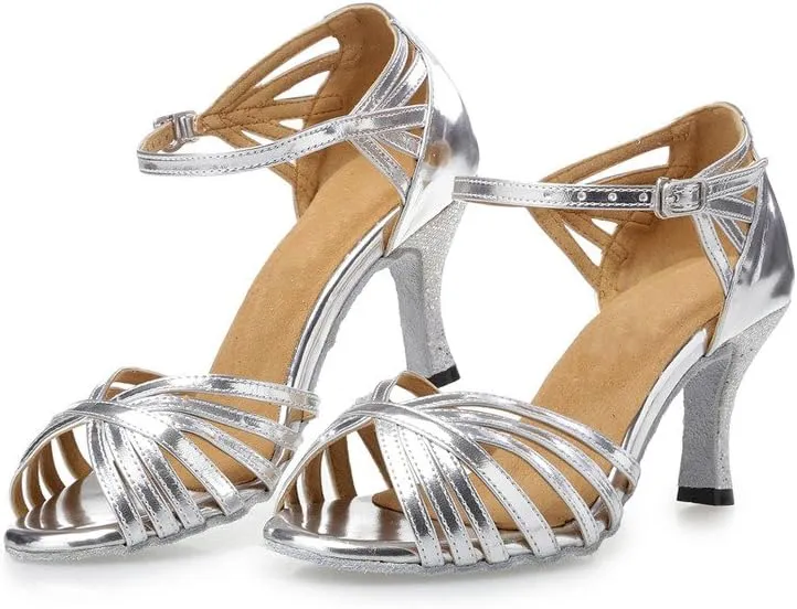 Misu Women's Peep Toe Sandals Latin Salsa Tango Practice Ballroom Dance Shoes with 2.75" Heel,Silver Patent Leather,6 B(M) US