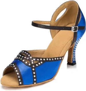 Misu Women's Peep Toe Sandals Latin Salsa Tango Practice Ballroom Dance Shoes with 2.7" Heel,Blue Satin,7.5 B(M) US