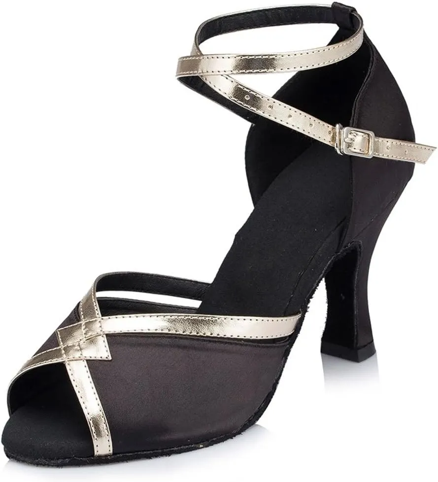 Misu Women's Peep Toe Sandals Latin Salsa Tango Practice Ballroom Dance Shoes with 3.1" Heel,Black Satin and Patent Leather,8.5 B(M) US