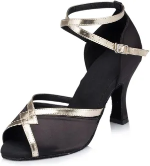 Misu Women's Peep Toe Sandals Latin Salsa Tango Practice Ballroom Dance Shoes with 3.1" Heel,Black Satin and Patent Leather,8.5 B(M) US