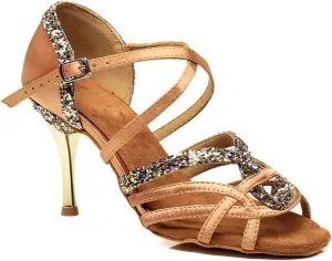 Misu Women's Peep Toe Sandals Latin Salsa Tango Practice Ballroom Dance Shoes with 3.3" Heel,Tan Satin,7.5 B(M) US