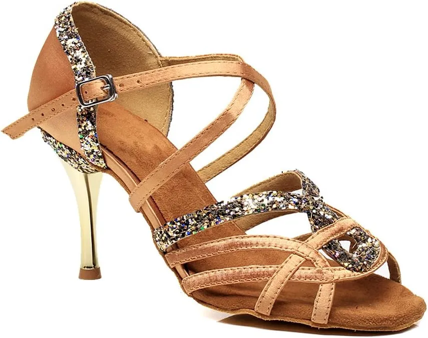 Misu Women's Peep Toe Sandals Latin Salsa Tango Practice Ballroom Dance Shoes with 3.3" Heel,Tan Satin,7.5 B(M) US