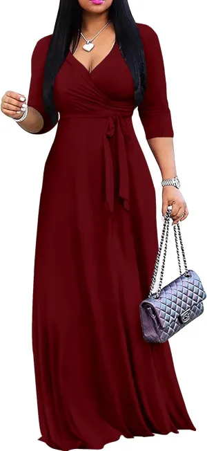 Mrskoala Women Plus Size Long Maxi Wrap Dresses Summer Sundress V-Neck 3/4 Sleeve