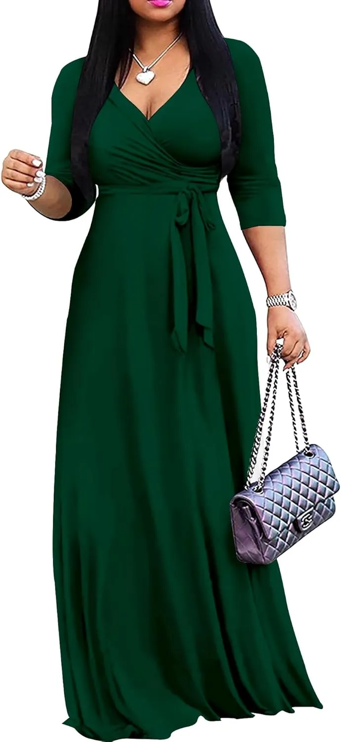 Mrskoala Women Plus Size Long Maxi Wrap Dresses Summer Sundress V-Neck 3/4 Sleeve