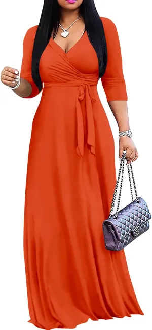 Mrskoala Women Plus Size Long Maxi Wrap Dresses Summer Sundress V-Neck 3/4 Sleeve