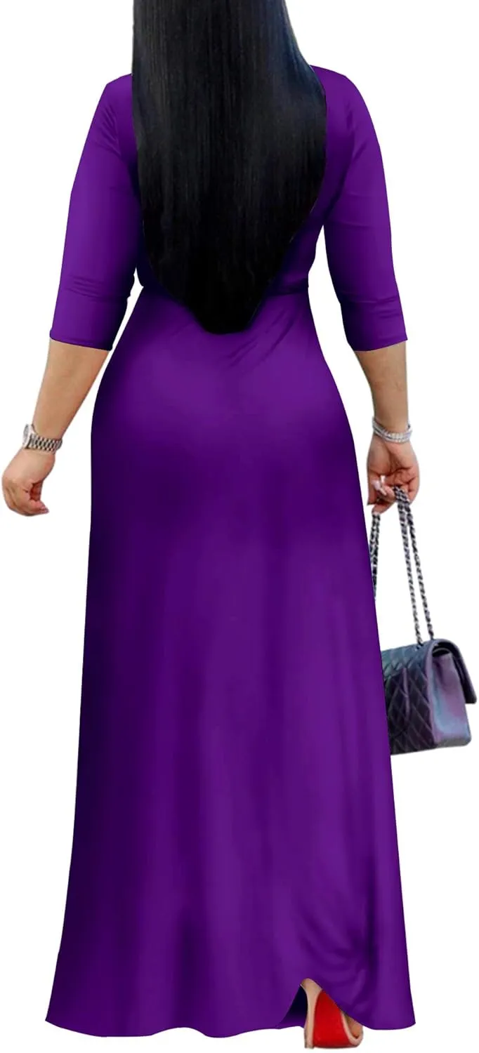 Mrskoala Women Plus Size Long Maxi Wrap Dresses Summer Sundress V-Neck 3/4 Sleeve