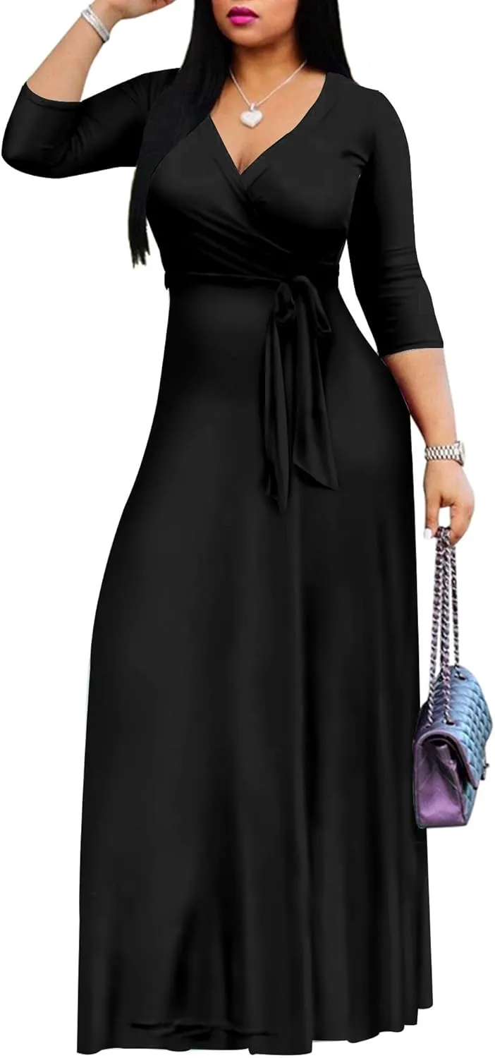 Mrskoala Women Plus Size Long Maxi Wrap Dresses Summer Sundress V-Neck 3/4 Sleeve
