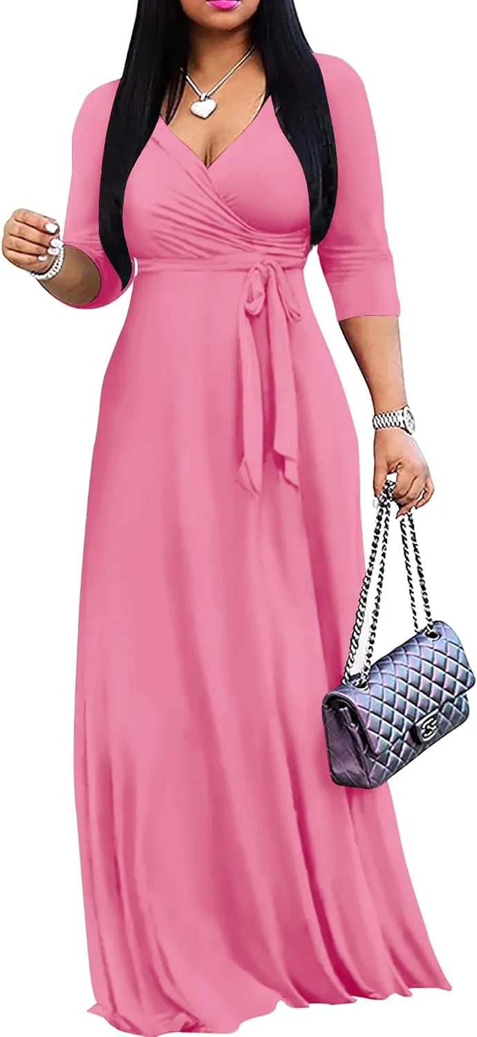 Mrskoala Women Plus Size Long Maxi Wrap Dresses Summer Sundress V-Neck 3/4 Sleeve
