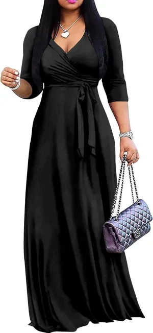 Mrskoala Women Plus Size Long Maxi Wrap Dresses Summer Sundress V-Neck 3/4 Sleeve
