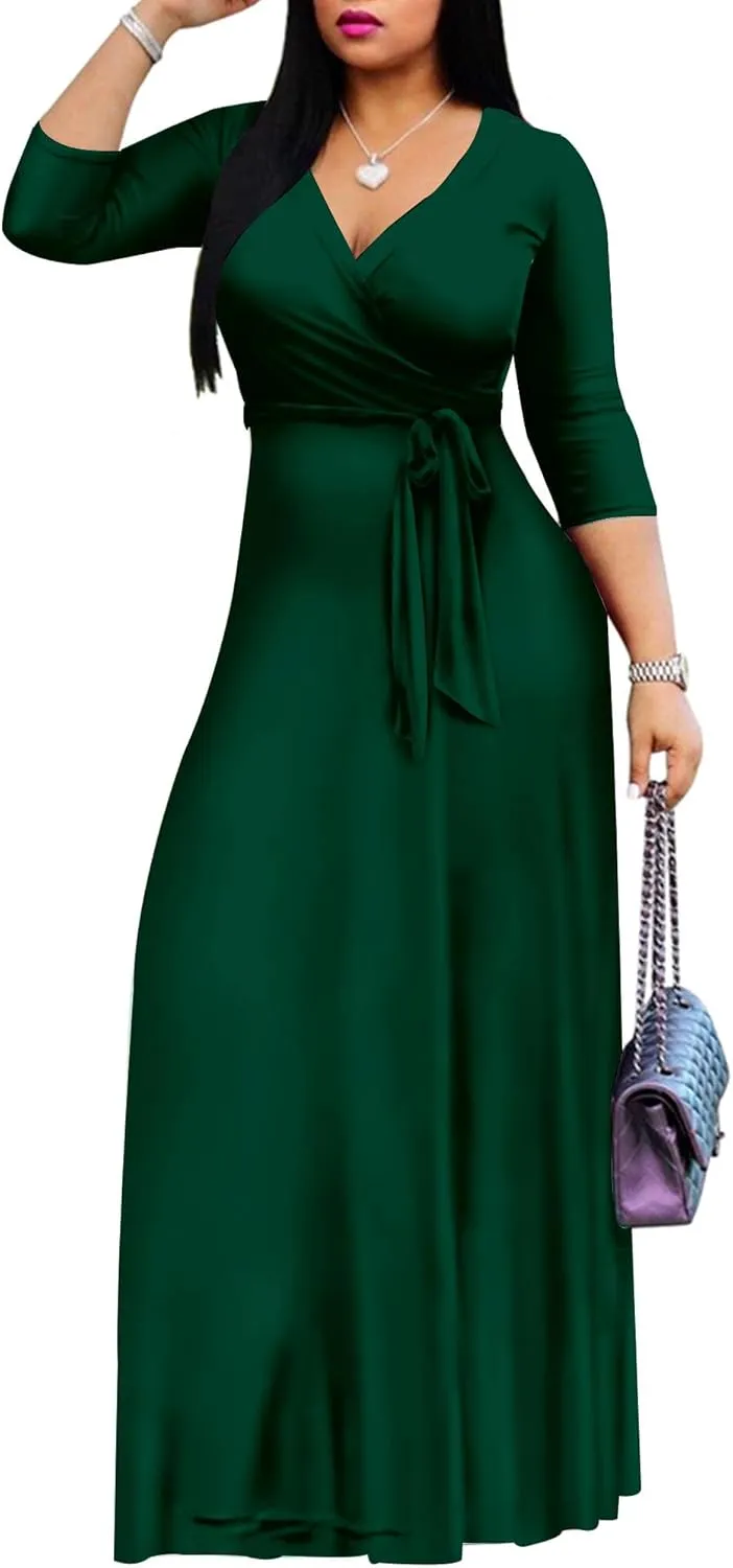 Mrskoala Women Plus Size Long Maxi Wrap Dresses Summer Sundress V-Neck 3/4 Sleeve