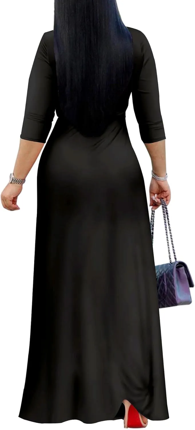 Mrskoala Women Plus Size Long Maxi Wrap Dresses Summer Sundress V-Neck 3/4 Sleeve