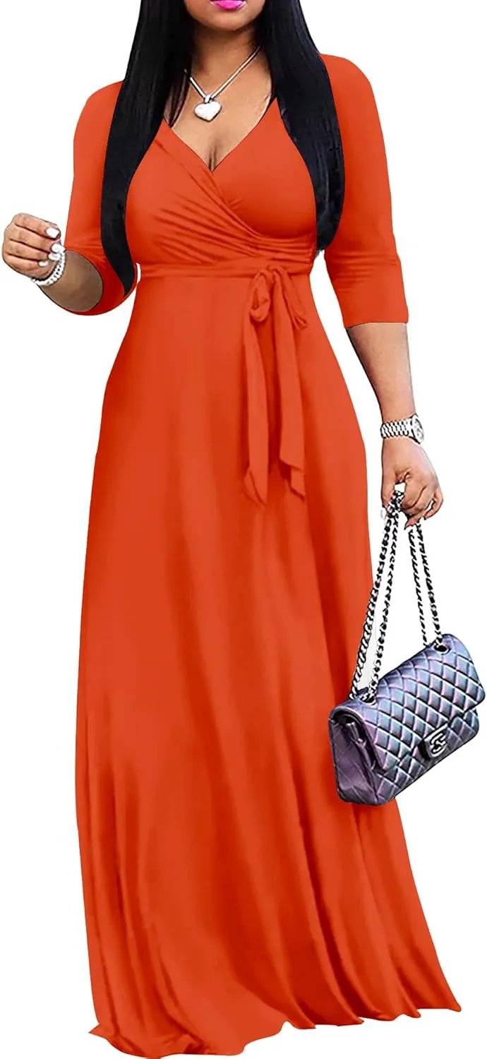 Mrskoala Women Plus Size Long Maxi Wrap Dresses Summer Sundress V-Neck 3/4 Sleeve