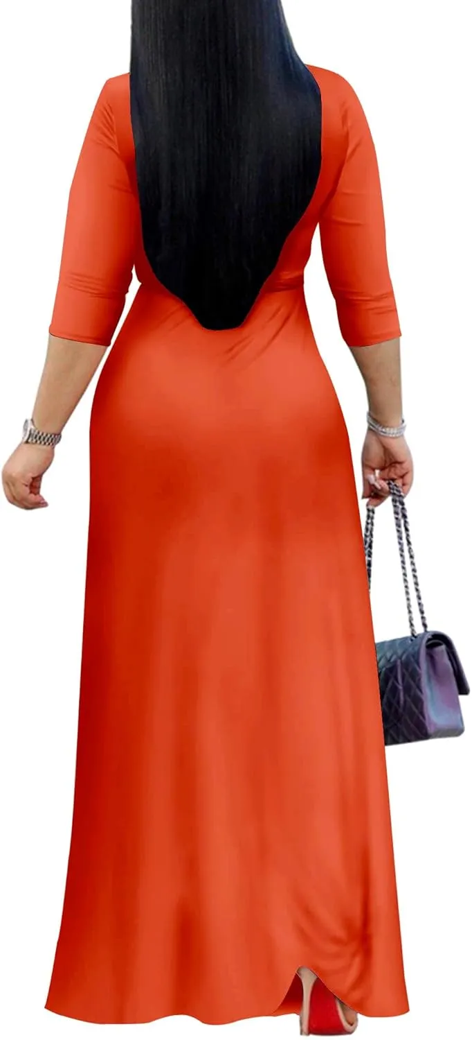 Mrskoala Women Plus Size Long Maxi Wrap Dresses Summer Sundress V-Neck 3/4 Sleeve