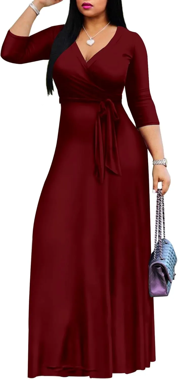 Mrskoala Women Plus Size Long Maxi Wrap Dresses Summer Sundress V-Neck 3/4 Sleeve
