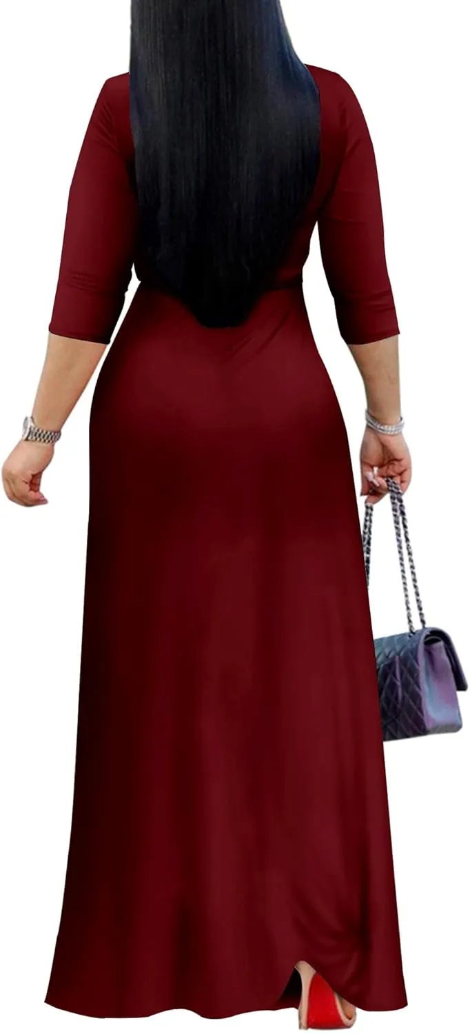 Mrskoala Women Plus Size Long Maxi Wrap Dresses Summer Sundress V-Neck 3/4 Sleeve