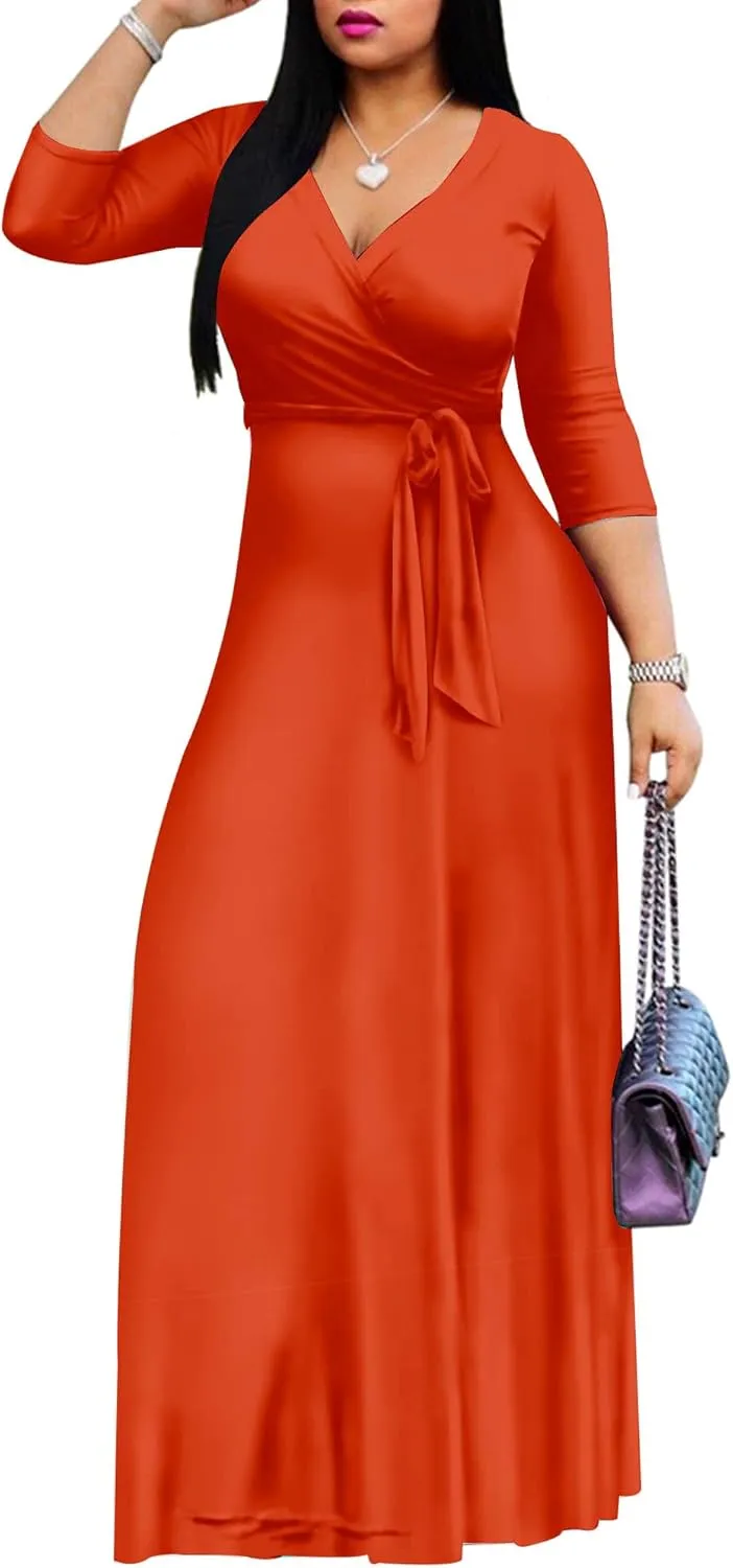 Mrskoala Women Plus Size Long Maxi Wrap Dresses Summer Sundress V-Neck 3/4 Sleeve